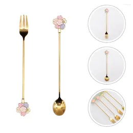 Coffee Scoops 2 Pcs Spoon Cherry Blossom Flatware Utensils Stainless Steel Dessert Fork And