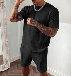 Man Sets Summer Tracksuit Men Casual Sports Set Solid Color Plaid Short Sleeved Shorts Sets Fashion Mens 2 Piece Sportswear