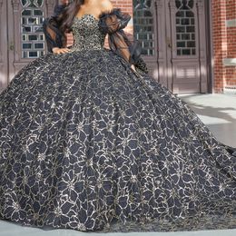 Black Sweetheart Ball Gown Puff Sleeve Quinceanera Dress Princess Corset Dresses Appliques Beaded Vestidos De 15 Anos