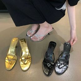 Slippers Fashion Women Slippers Summer Dress Shoes Thin High Heels Black Gold Silver Shallow Slip On Rhinestone Buckle Slippers Pumps J240126