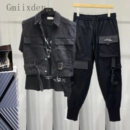 Gmiixder Workwear Suits Casual Lapel Handsome Sleeveless Denim Vest Men Youth Spring Autumn Outerwear Jacket Safari Black Pants 240122
