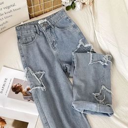 Denim Ins Fashion Korean WIth Star 2023 Spring Autumn High Waist Straight Leg Loose Fitting Jeans 240124