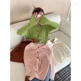 Women's Knits Knitted Single Breasted Cardigan Polo Neck Sweater Ribbed Tops Solid Long Sleeve Underwear Korean Outerwear Matching Tshirts