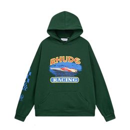 Mens Sweatshirts Designer Rhude Hoodie Original Quality Speedboat Plaid Sleeve Printed Hoodie For Men And Women High Street Pullover