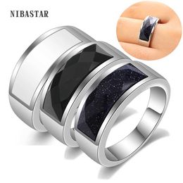 Band Rings High Quality White/Blue/Black Semi Precious Stone Ring for Men Women Ladies Stainless Steel Party Accessories 240125