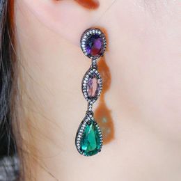 Dangle Earrings BeaQueen Korean Style Purple Green Water Drop Cubic Zircon Crystal Long For Women Black Gold Plated Jewellery E407