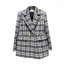 Women's Suits Women Tweed Suit Jacket Plaid Woollen Blazers Coat Autumn Winter Double-breasted Thicken Female Loose Outerwear Casual Tops