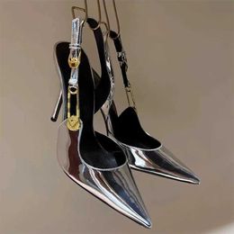 Sandals Fashion Women Patent Leather High Heels Shoes Sexy Pointed Toe Metal Buckle Stiletto Sandals Lady Pink Rhinestone Shallow Pumps J240126