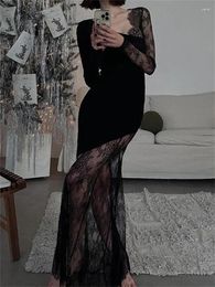 Casual Dresses Tossy Printed See-Through Black Maxi Dress Women High Waist Lace Slim Mesh Patchwork Sexy Long Party Looks Female