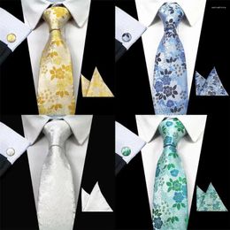 Bow Ties GUSLESON 8CM Mans Floral Tie Silk Necktie Handkerchief Cufflinks Set For Men Wedding Formal Party Silvery