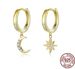 Earrings bamoer Genuine 925 Sterling Silver Moon and Star Dangle Earrings with Charm Plated In Gold New Trends Huggies Earrings 2024