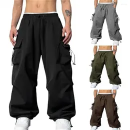 Men's Pants Multi-Pocket Cargo Casual Solid Colour Straight Baggy Wide-leg Trousers Cropped Men Ankle-length Pant