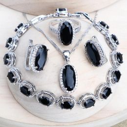 Sets Trendy Women Bridal Jewellery Sets Silver 925 Black Cubic Zirconia Jewellery Wedding Earrings Rings Bracelets Pendant Necklace