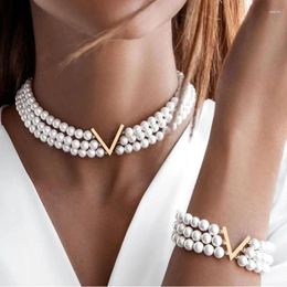 Necklace Earrings Set Multilyer Pearl Bracelet Wedding Party Dainty Fashion Jewellery Gifts For Women Teen Girls Birthday Valentine's Day