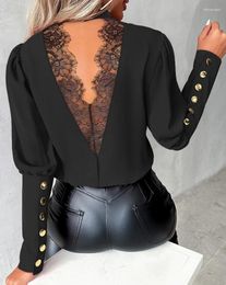 Women's T Shirts Luxury Top Women Long Sleeved Solid Lace Round Neck Button Up Shirt Lined With 2024 Spring/summer Latest Elegant Style