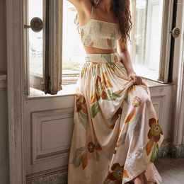 Work Dresses Imcute Vintage Boho Women 2 Piece Skirt Set Summer Flower Print Backless Cami Tops And Flowy Pleated Long Beach Holiday