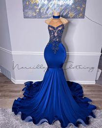 Noyal Blue Halter Prom Dresses For Black Girl 2024 Sparkly Gillter Mermaid Plus Size Birthday Reception Gowns Robe De Bal 322