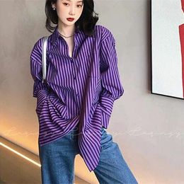 Women's Blouses Sexy Streetwear Vintage Striped Long Sleeve Shirt Female All-match Casual Buttons Turn-down Collar Purple Loose Blouse