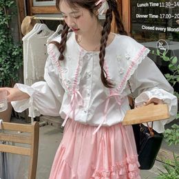 Women's Blouses Autumn Sweet Lolita Style Blouse Tops Women Kawaii Pink Bandage Lace Ruffles White Shirts Spring Casual Cute Long Sleeve