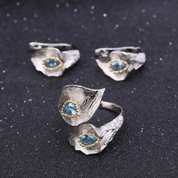 Sets GEM'S BALLET 925 Sterling Silver Handmade Calla lily Ring Earrings 3.02Ct Natural Swiss Blue Topaz Jewelry Sets For Women Party