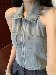 Women's Vests Gagaok Tanks American Retro Design Lapel Denim Vest Women Summer Pure Desire High Waist Short Sleeveless