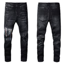 jeans for mens jeans womens designer jeans men Men Badge Rips Stretch Black Jeans Men's Fashion Slim Fit Washed Motocycle Denim Pants Panelled Hip HOP L2