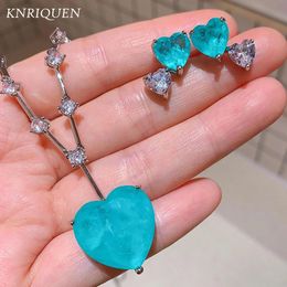 Charm Heart Shaped Paraiba Tourmaline Blue Stone Aquamarine Diamond Stud Earrings Women's Pendant Necklace Wedding Jewellery Sets