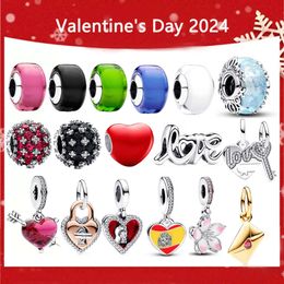2024 Valentine's Day New 100% Sier High Quality Original Mini Murano Glass Shiny Pave Black Charm DIY Bracelet
