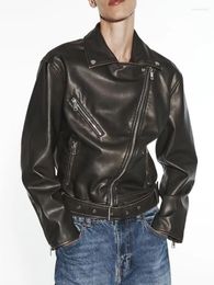 Women's Leather Autumn Winter Women Faux Jackets With Belt 2024 Vintage Female Chic Long Sleeve Zipper Motorcycle Jacket Outerwear