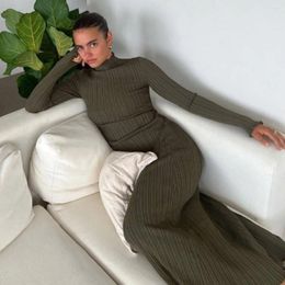 Casual Dresses Autumn And Winter Knitted Wooden Ear Edge Dress With Waist Wrapped High Collar Random Pit Stripes Core Yarn For Slim