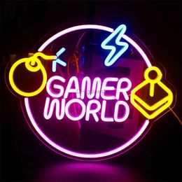 LED Neon Sign Game World Neon Sign Colorful LED Neon Lights for Wall Decor USB Neon Lights Game Zone Party Decor Bedroom Gaming Neon Signs YQ240126