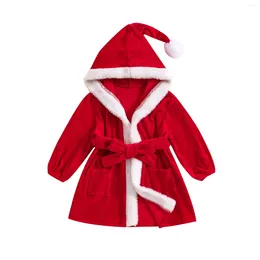 Jackets 2024 0-4Y Baby Girls Christmas Coats Robe Toddler Red Long Sleeve Furry Contrast Colour Hooded Velvet Bathrobe With Belt