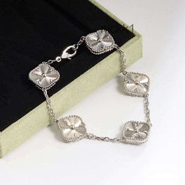 925 Sterling Silver Charm Bracelet for Women 2 Sided Inlaid Onyx Jade Chalcedony Womens Designer Fine 5 Flower Four Leaf Clover Jewellery Daily Gift U3L6