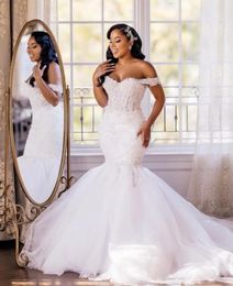 2024 Elegant Mermaid Wedding Dress for Bride Off Shoulder Lace Appliques Up Closure Sweep Train Beaded Bridal Gowns Vestidos De Novia