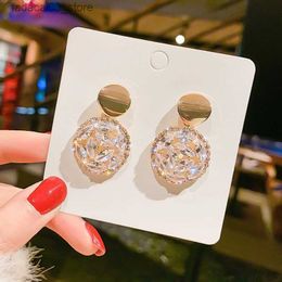 Stud New Shiny Crystal Zircon Hanging Round Pendant Stud Earrings for Women Gold Colour Fashion Temperament Girl Trend Jewellery Gift Q240125