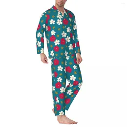 Men's Sleepwear Ditsy Floral Autumn Red And White Loose Oversized Pyjama Sets Male Long Sleeve Lovely Sleep Custom Nightwear