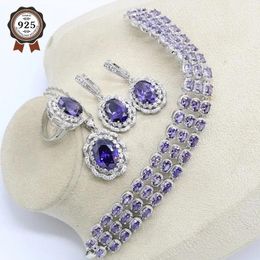Sets Natural Purple Amethyst 925 Silver Jewellery Set for Women Bracelet Earrings Necklace Pendant Ring Gift Box