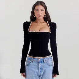 Women's Blouses Vintage Black Velvet Corset Top Square Collar Long Sleeve Blouse For Women Fashion 2024 Autumn Winter Elegant And Shirts