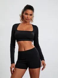 Women's Tracksuits Workout Sets For Women 2 Piece Outfit Long Sleeve Square Neck Crop Top Skinny Biker Shorts Yoga Outfits