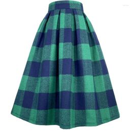 Skirts 2024 Winter England Vintage Elegant Women Houndstooth Plaid High Waist Long Pleated Woolen Knitting Green Skirt Thick Warm