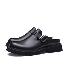 Brand Genuine Leather Mens Half Slippers Designer Handmade Black Outdoor Sandals Summer Male Business Social Shoes