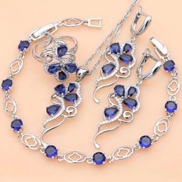 Sets Silver 925 Bridal Jewelry Set Blue Sapphire White Crystal Costume for Women Stones Leaves Earrings Ring Bracelet Necklace Set