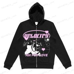 Men's Hoodies Sweatshirts Anime pattern Zip Up Gothic Black Hoodies Y2K Streetwear Women Winter Oversized Sweatshirts Retro Grunge Punk Hooded Jacket T240126