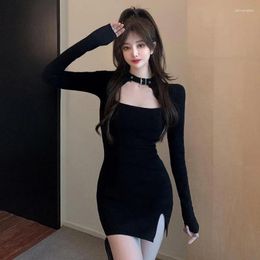 Casual Dresses Women's Midi Dress Square Neck Hollow Out Slim Fit Party Bodycon Side Split Solid Colour Long Sleeve Sexy Summer