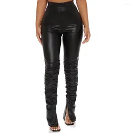 Women's Pants Sexy Stretch Skinny Split Woman Faux PU Leather Pleated High Waist Black Stacked Ladies Tight Night Club Trousers