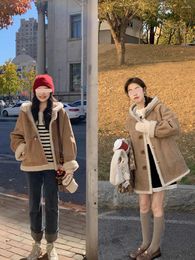 Women's Trench Coats 2024 Autumn Winter Cotton Coat Leather And Wool Integrated Lamb Hooded Retro