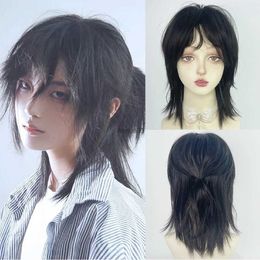 Cosplay Wigs Short Mullet Head Wigs with Bangs Synthetic Straight Anime Men Black Grey Green Hair Wig for Daily Party Cosplay