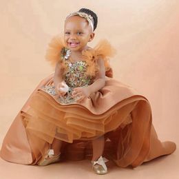 Gold Hi-Low Flower Girl Dresses Jewel Beaded Rehinestones Tiered Tulle Flowergirl Dresses Princess Queen Kids Birthday Party Dress for Marriage NF050