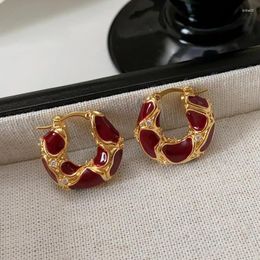 Stud Earrings Wine Red Enamel Retro Zircon Autumn Winter Classic C-shsape Elegant Lady Hoop Piercing