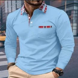 Men's T-Shirts SpringAutumn Men Long Seeved Polo Shirt Casual Sports Shirt Pure Colour Red checked collar T-Shirt Fashion Breathable Men Cothing T240126